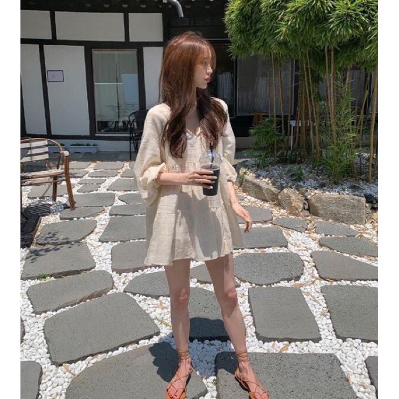 La Maison 韓國chic翻領棉麻流蘇寬鬆A字裙洋裝-細節圖4