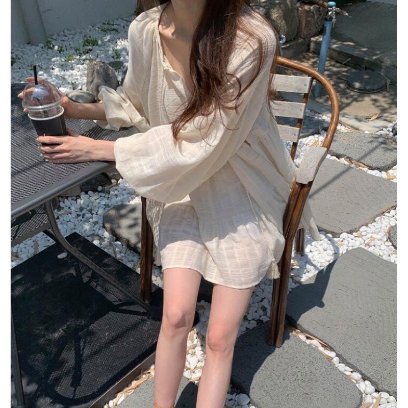 La Maison 韓國chic翻領棉麻流蘇寬鬆A字裙洋裝-細節圖5