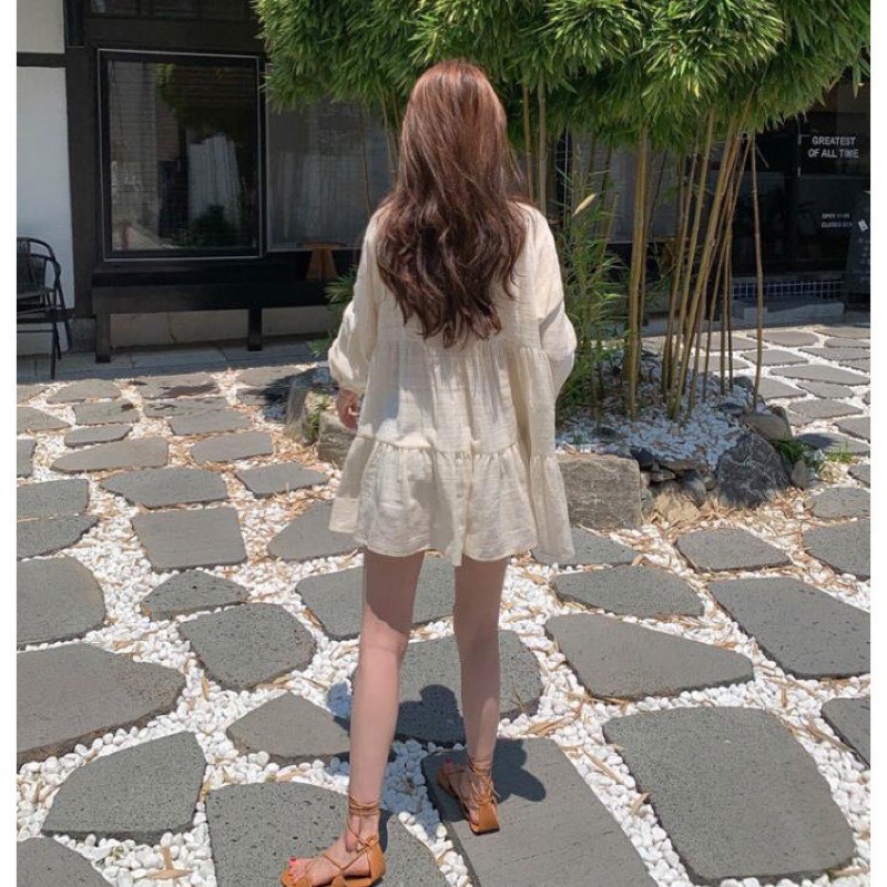 La Maison 韓國chic翻領棉麻流蘇寬鬆A字裙洋裝-細節圖7