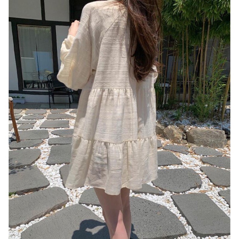 La Maison 韓國chic翻領棉麻流蘇寬鬆A字裙洋裝-細節圖8