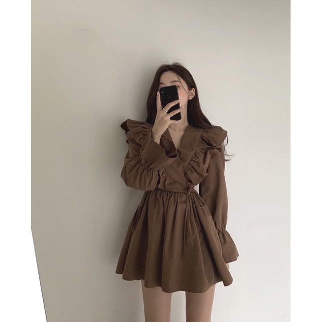 La Maison甜美氣質V領荷葉邊收腰綁帶長袖洋裝-細節圖2