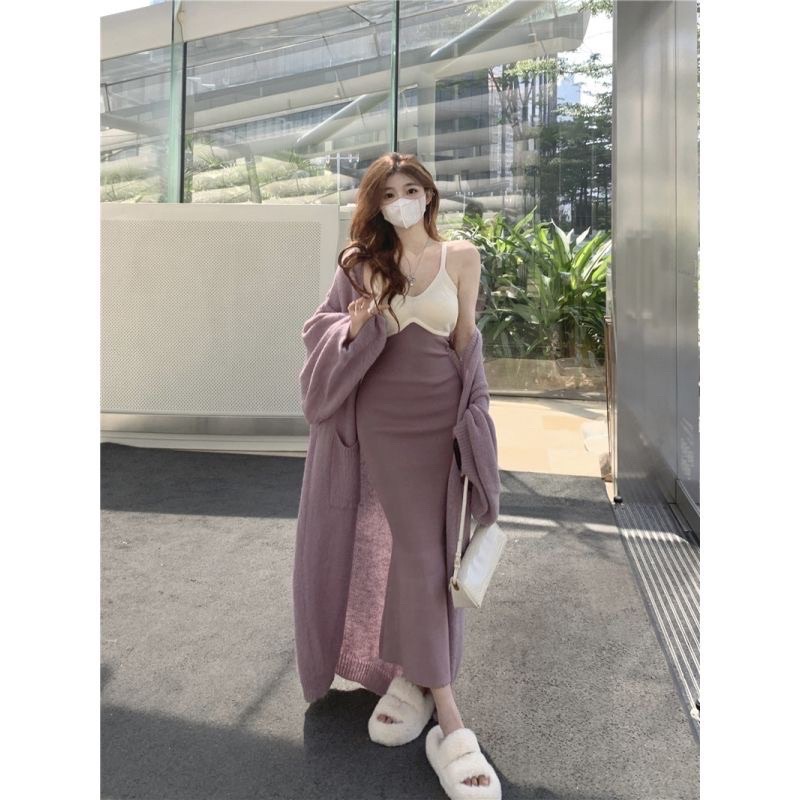 La Maison氣質奶香芋細肩撞色吊帶連身洋裝+長版針織寬袖罩衫外套-細節圖2