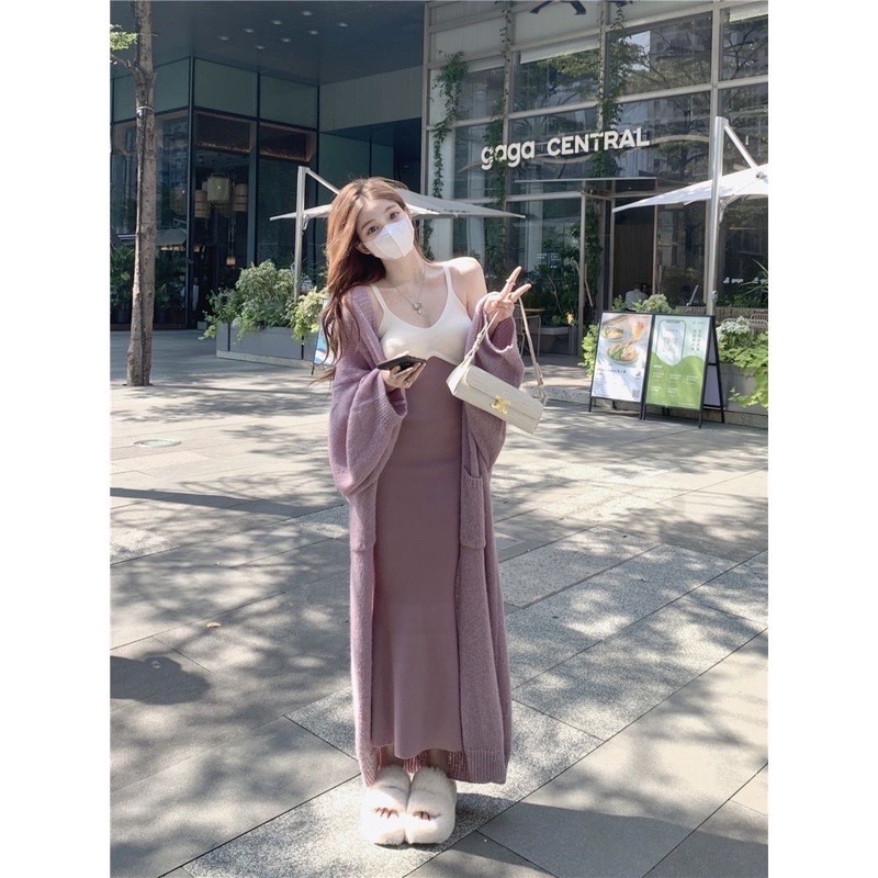 La Maison氣質奶香芋細肩撞色吊帶連身洋裝+長版針織寬袖罩衫外套-細節圖3