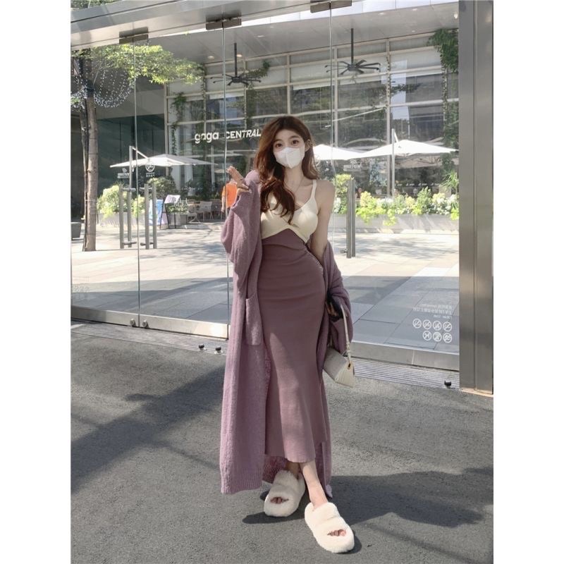 La Maison氣質奶香芋細肩撞色吊帶連身洋裝+長版針織寬袖罩衫外套-細節圖4