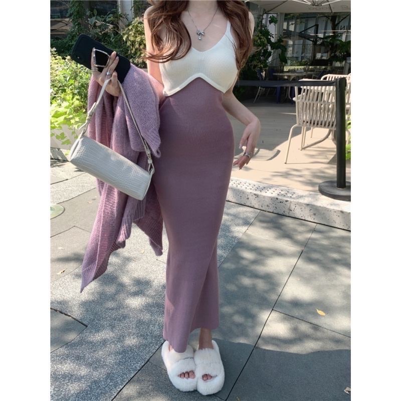 La Maison氣質奶香芋細肩撞色吊帶連身洋裝+長版針織寬袖罩衫外套-細節圖5