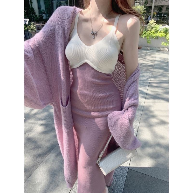 La Maison氣質奶香芋細肩撞色吊帶連身洋裝+長版針織寬袖罩衫外套-細節圖6