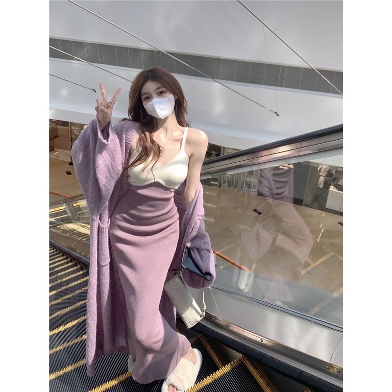 La Maison氣質奶香芋細肩撞色吊帶連身洋裝+長版針織寬袖罩衫外套-細節圖7