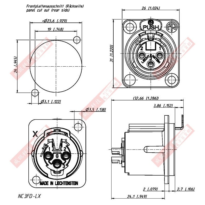 NC-3FD-LX NEUTRIK XLR 3P佳能固定母插座附開關 NC3FD-LX-細節圖2