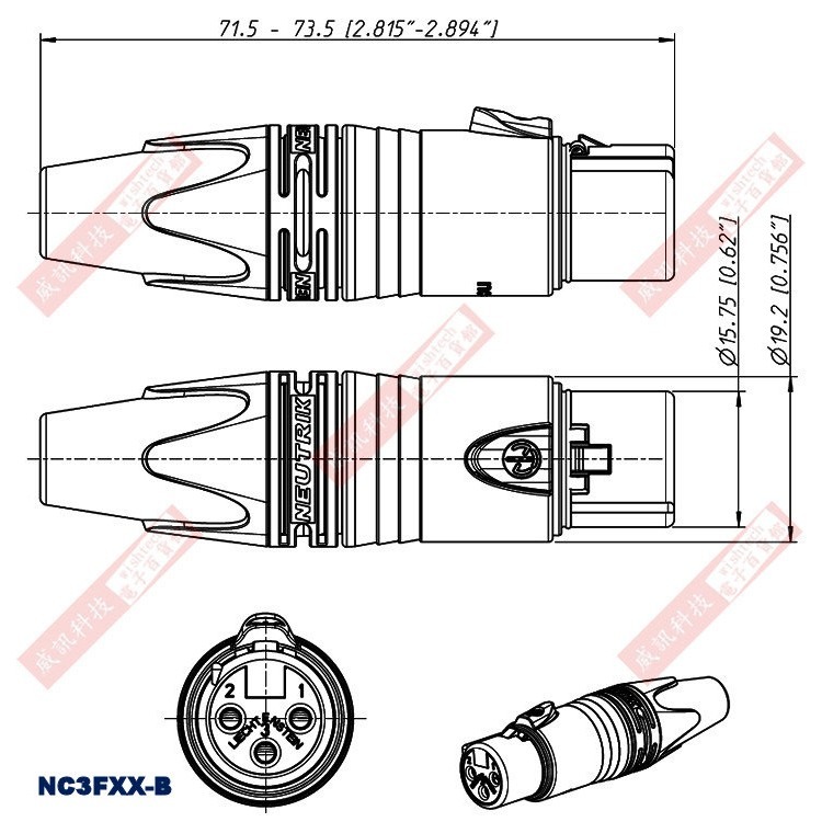 NC3FXX-B NEUTRIK 金屬殼XLR 3P佳能插座母插頭-細節圖2