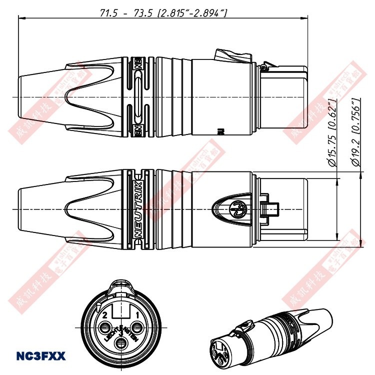 NC3FXX NEUTRIK 金屬殼XLR 3P佳能插座母插頭-細節圖2