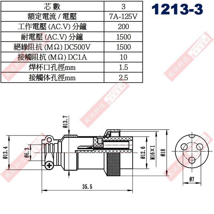 16mm金屬接頭 3P 7A125V(1213-3母座、1214-3短型公頭、1215-3長型公頭)-細節圖3