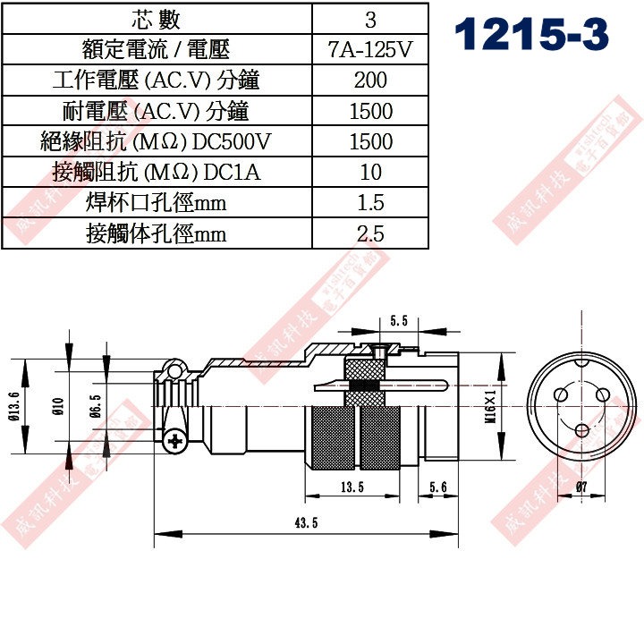 16mm金屬接頭 3P 7A125V(1213-3母座、1214-3短型公頭、1215-3長型公頭)-細節圖7