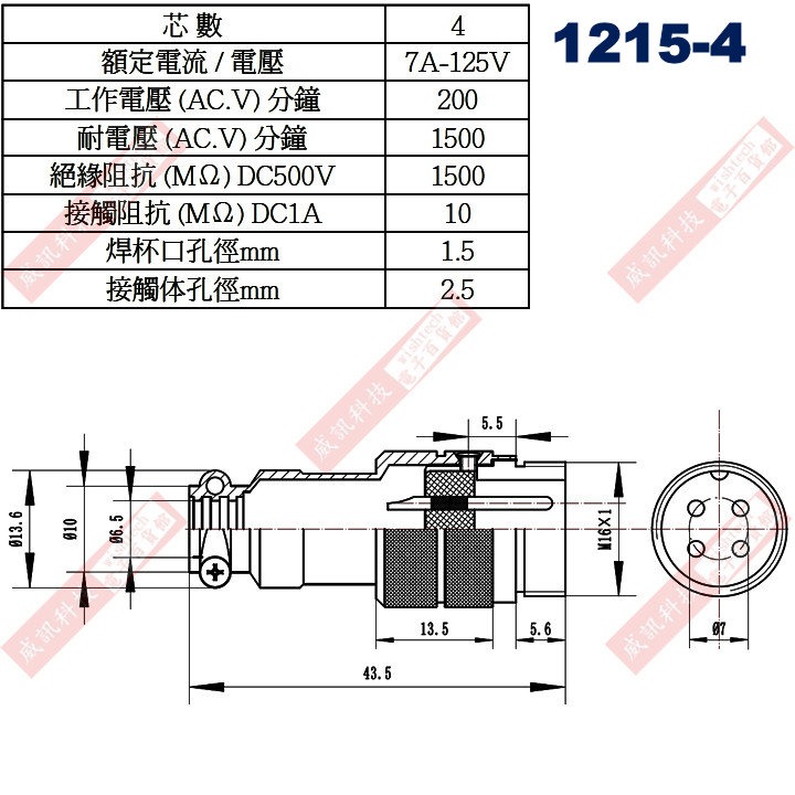 16mm金屬接頭 4P 7A125V(1213-4母座、1214-4短型公頭、1215-4長型公頭)-細節圖7