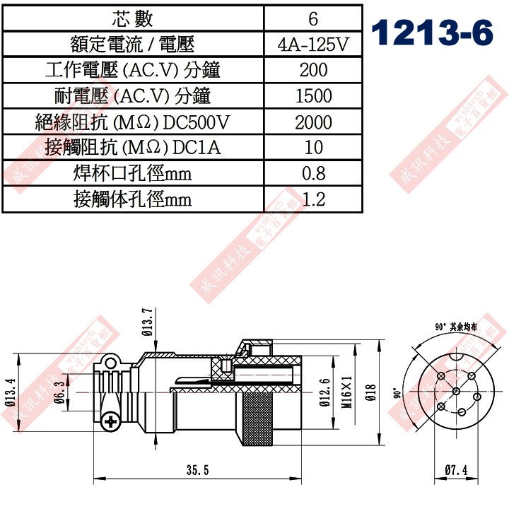 16mm金屬接頭 6P 4A125V (1213-6母座、1214-6短型公頭)-細節圖5