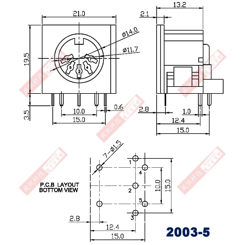 (1101-5公頭、2002-5延長母座、2003-5方型母座、2004-5圓形母座) DIN插頭、插座 5P-細節圖7