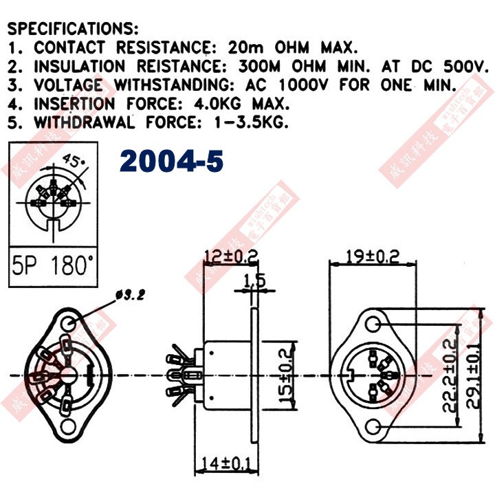 (1101-5公頭、2002-5延長母座、2003-5方型母座、2004-5圓形母座) DIN插頭、插座 5P-細節圖9