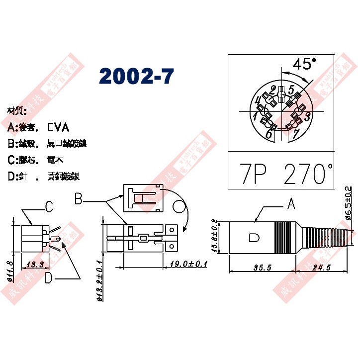 (1101-7公頭、2002-7延長母座、2004-7圓形母座) DIN插頭、插座 7P-細節圖5
