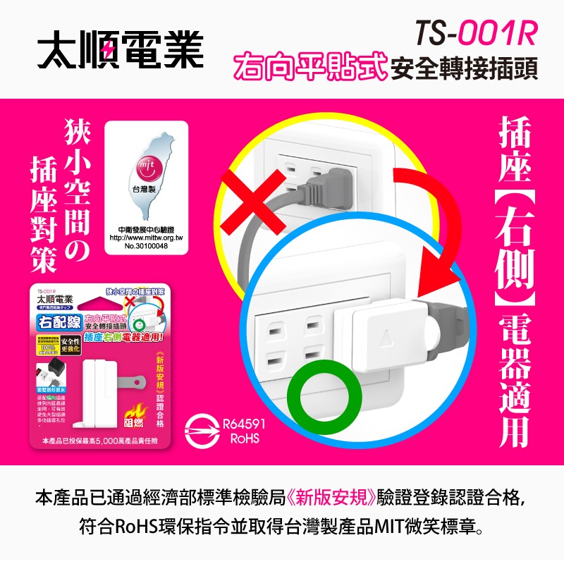 太順 Tyson TS-001R 右向平貼式安全轉接插頭 額定規格：15A 125VAC 1650W-細節圖2