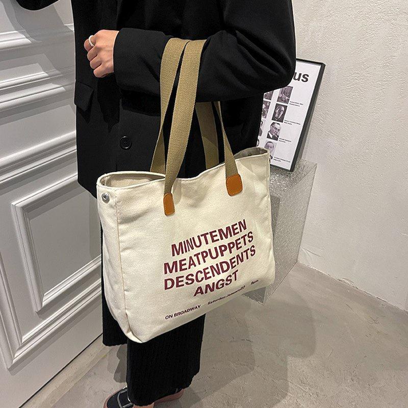 🎀【現貨+發票】韓國新款日系原創字母個性帆布袋帆布包購物包單肩包側背包托特包媽媽包上課包手提袋購物袋文藝文青復古大容量-細節圖2