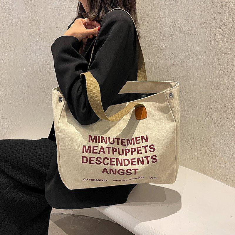 🎀【現貨+發票】韓國新款日系原創字母個性帆布袋帆布包購物包單肩包側背包托特包媽媽包上課包手提袋購物袋文藝文青復古大容量-細節圖3