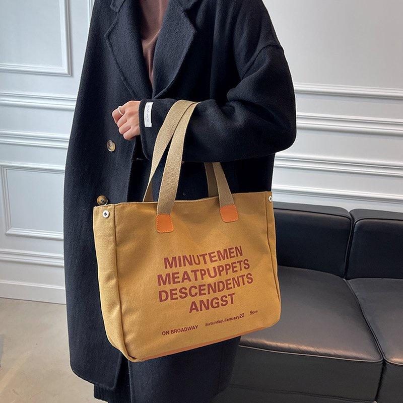 🎀【現貨+發票】韓國新款日系原創字母個性帆布袋帆布包購物包單肩包側背包托特包媽媽包上課包手提袋購物袋文藝文青復古大容量-細節圖5