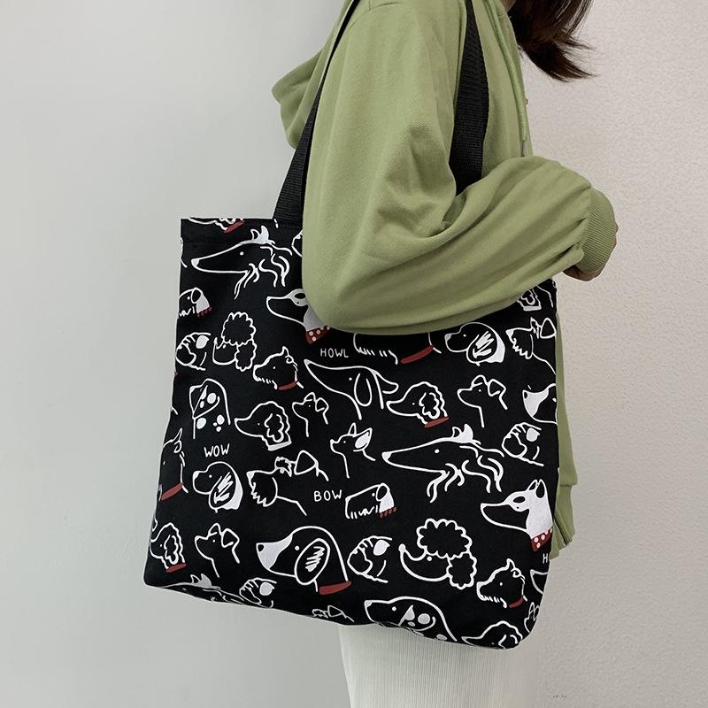 🎀【現貨+發票】韓國新款ulzzang原創INS可愛狗狗插畫chic小狗拉鍊帆布袋帆布包側背包手提袋購物袋上課包文藝文青-細節圖3
