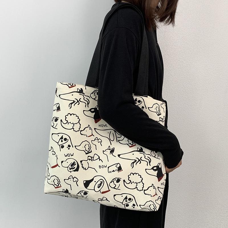 🎀【現貨+發票】韓國新款ulzzang原創INS可愛狗狗插畫chic小狗拉鍊帆布袋帆布包側背包手提袋購物袋上課包文藝文青-細節圖4