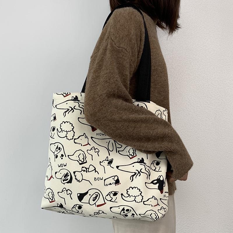 🎀【現貨+發票】韓國新款ulzzang原創INS可愛狗狗插畫chic小狗拉鍊帆布袋帆布包側背包手提袋購物袋上課包文藝文青-細節圖5