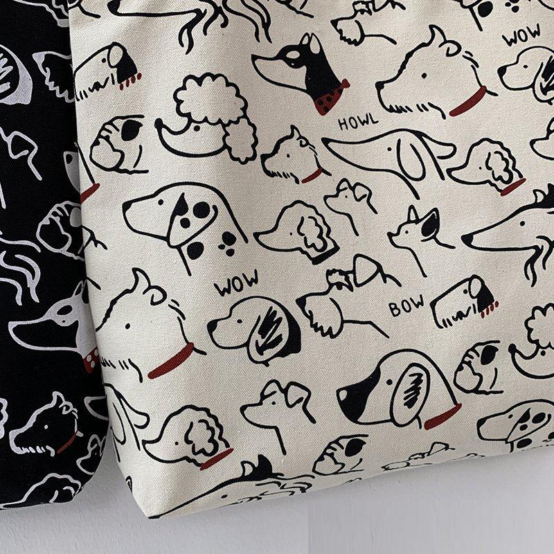 🎀【現貨+發票】韓國新款ulzzang原創INS可愛狗狗插畫chic小狗拉鍊帆布袋帆布包側背包手提袋購物袋上課包文藝文青-細節圖6