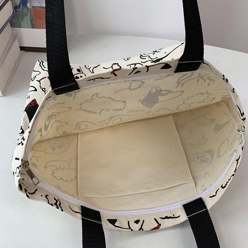 🎀【現貨+發票】韓國新款ulzzang原創INS可愛狗狗插畫chic小狗拉鍊帆布袋帆布包側背包手提袋購物袋上課包文藝文青-細節圖9