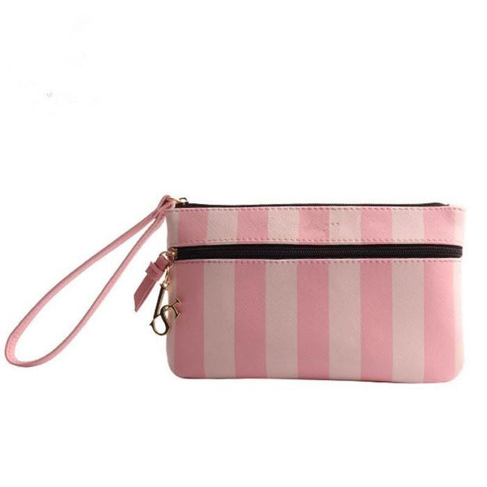 🎀【現貨+發票】韓版新款粉色條紋PU化妝包手拿包手機包隨身收納包洗漱包盥洗包過夜包萬用包筆袋隨身包筆刷包小物包零錢包-細節圖4