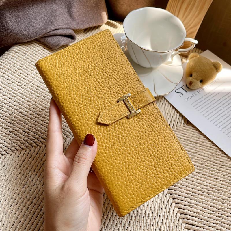 🎀【現貨+發票】《真皮頭層牛皮》新款超薄復古簡約素面質感莫蘭迪色真皮長夾韓風多卡位大容量女士皮夾皮包錢夾手拿包零錢包手機-細節圖2