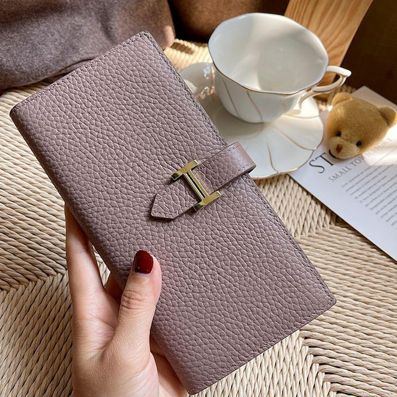 🎀【現貨+發票】《真皮頭層牛皮》新款超薄復古簡約素面質感莫蘭迪色真皮長夾韓風多卡位大容量女士皮夾皮包錢夾手拿包零錢包手機-細節圖4