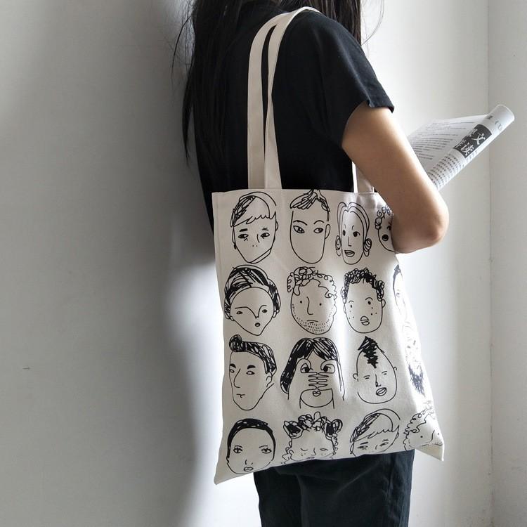 🎀【現貨+發票】韓國新款ulzzang夏日原創插畫手繪風格chic藝術帆布袋帆布包購物包側背包手提袋購物袋文藝文青小清新-細節圖2