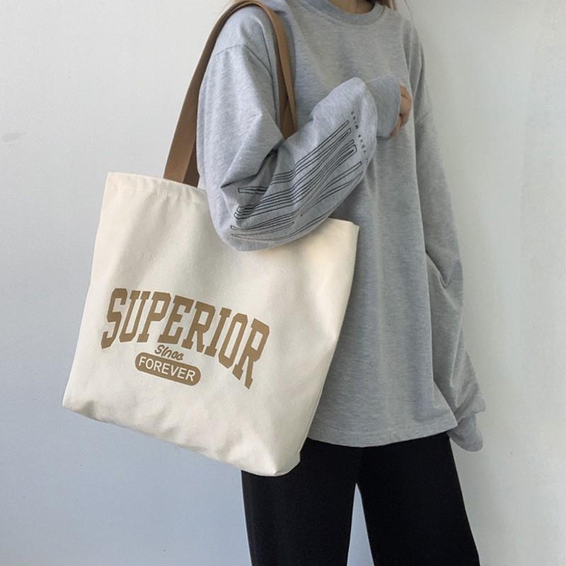 🎀【現貨+發票】韓國新款superior日系原創字母個性拉鍊帆布袋帆布包購物包單肩包側背包手提袋購物袋文藝文青復古小清新-細節圖2