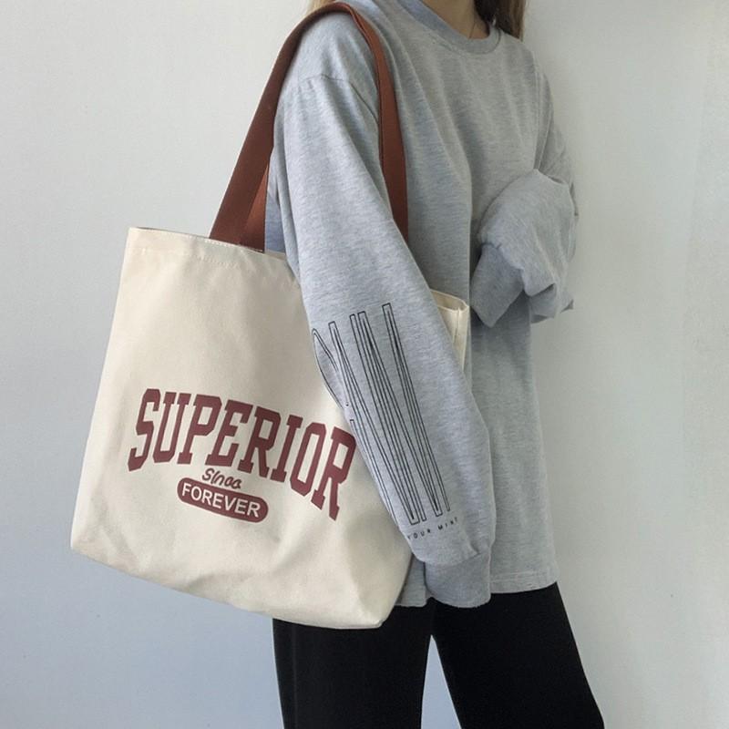 🎀【現貨+發票】韓國新款superior日系原創字母個性拉鍊帆布袋帆布包購物包單肩包側背包手提袋購物袋文藝文青復古小清新-細節圖3