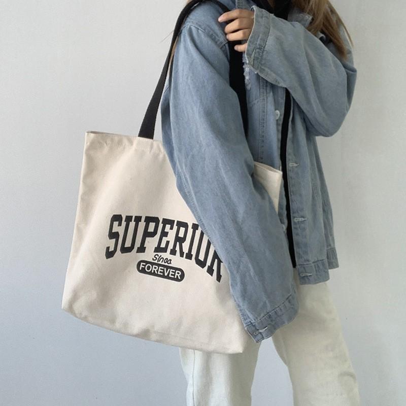 🎀【現貨+發票】韓國新款superior日系原創字母個性拉鍊帆布袋帆布包購物包單肩包側背包手提袋購物袋文藝文青復古小清新-細節圖6