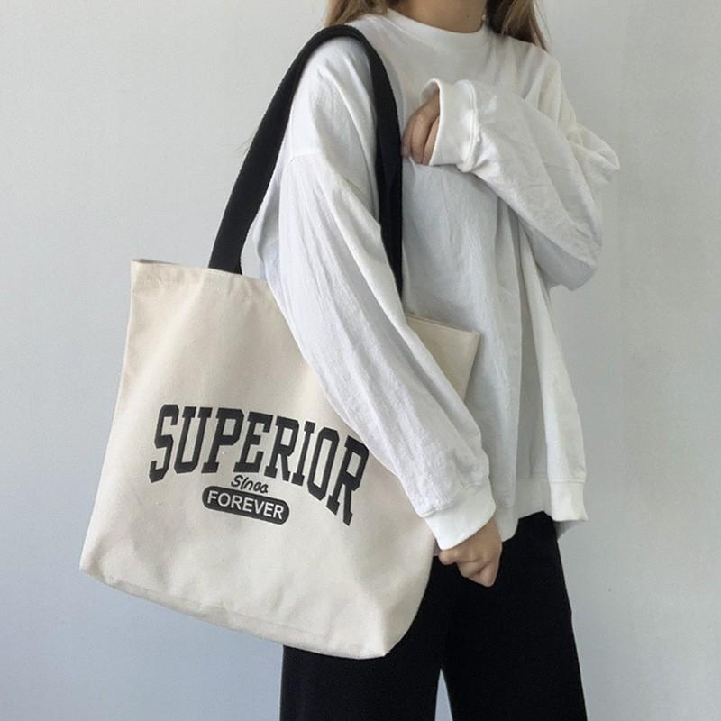 🎀【現貨+發票】韓國新款superior日系原創字母個性拉鍊帆布袋帆布包購物包單肩包側背包手提袋購物袋文藝文青復古小清新-細節圖7