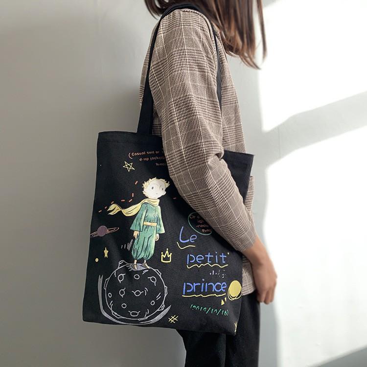 🎀【現貨+發票】韓國新款INS清新小王子夏日可愛復古日系簡約原創個性拉鍊帆布袋帆布包單肩包側背包手提袋購物袋文藝文青-細節圖4