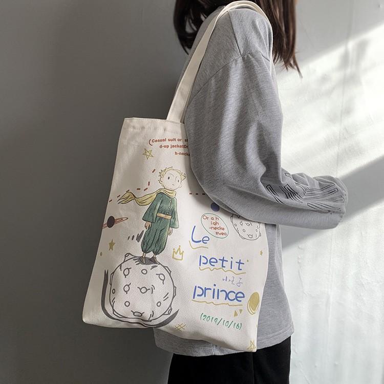 🎀【現貨+發票】韓國新款INS清新小王子夏日可愛復古日系簡約原創個性拉鍊帆布袋帆布包單肩包側背包手提袋購物袋文藝文青-細節圖7