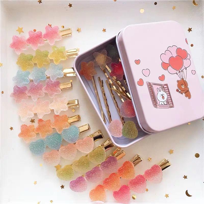 🎀【現貨+發票】韓系甜美清新彩虹軟糖QQ軟糖可愛漸變漸層髮夾少女心髮飾愛心星星一字夾髮夾套組仿真軟糖髮飾頭飾-細節圖7