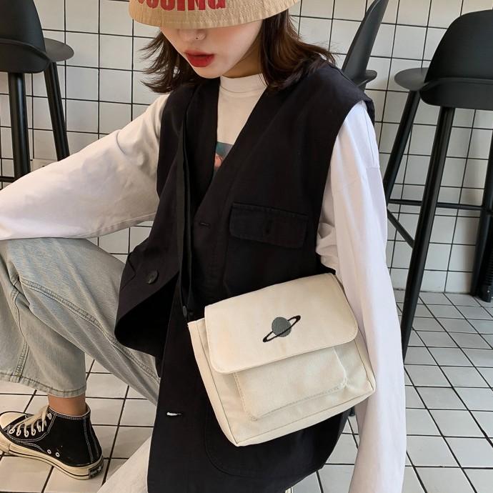 🎀【現貨+發票】韓國INS超火原宿飛碟星球帆布包兩用拉鍊帆布袋斜跨包帆布斜背包購物包肩背包側背包郵差包購物袋單肩包手機包-細節圖5