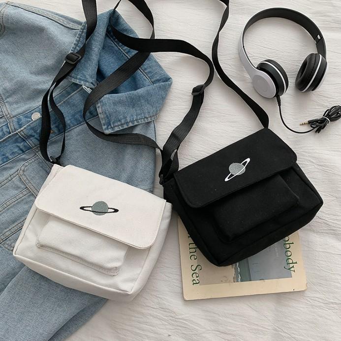 🎀【現貨+發票】韓國INS超火原宿飛碟星球帆布包兩用拉鍊帆布袋斜跨包帆布斜背包購物包肩背包側背包郵差包購物袋單肩包手機包-細節圖7