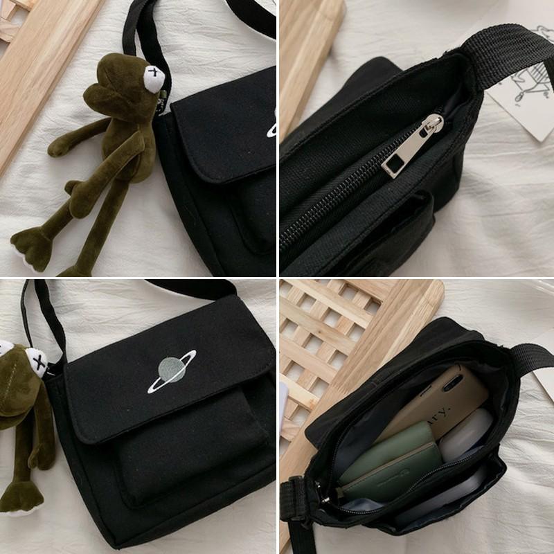 🎀【現貨+發票】韓國INS超火原宿飛碟星球帆布包兩用拉鍊帆布袋斜跨包帆布斜背包購物包肩背包側背包郵差包購物袋單肩包手機包-細節圖8