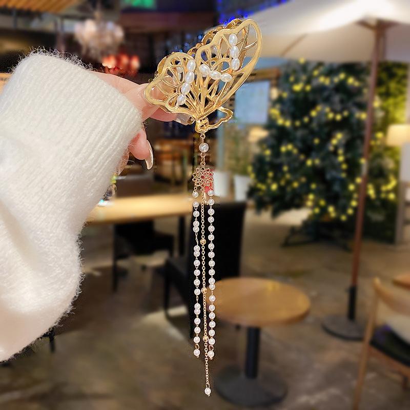 髮夾 髮飾 鯊魚夾 韓版 小橙子🍊 金屬 流蘇 珍珠髮夾 後腦勺大號抓夾 氣質鯊魚夾 韓國 頭飾 流蘇夾 氣質古典-細節圖2