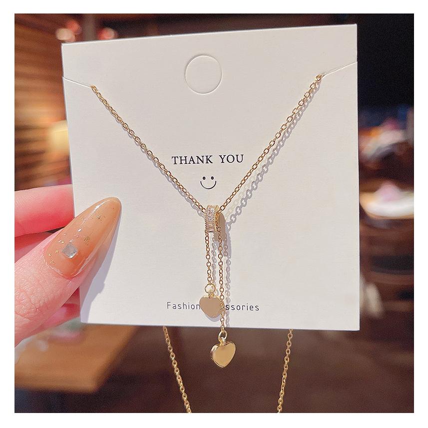 項鏈 頸鍊 韓版 鈦鋼 小橙子🍊 設計感 流蘇 雙愛心 項鍊 女網紅同款 個性氣質 桃心吊墜 鎖骨鏈 頸項鍊女 短項鍊女-細節圖7