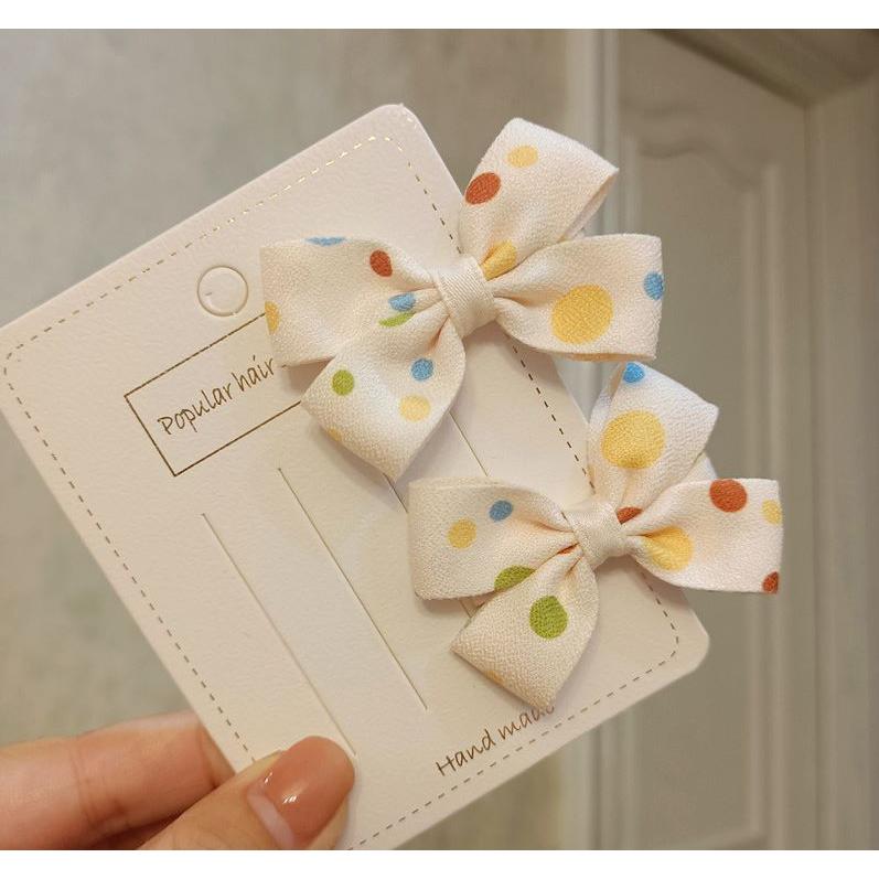 髮夾 髮飾 劉海夾 蝴蝶結 馬尾夾 蝴蝶結夾 💥手工製作 髮插 髮簪 小橙子🍊韓式甜美可愛米黃色彩色波點圓點小蝴蝶結對夾-細節圖2