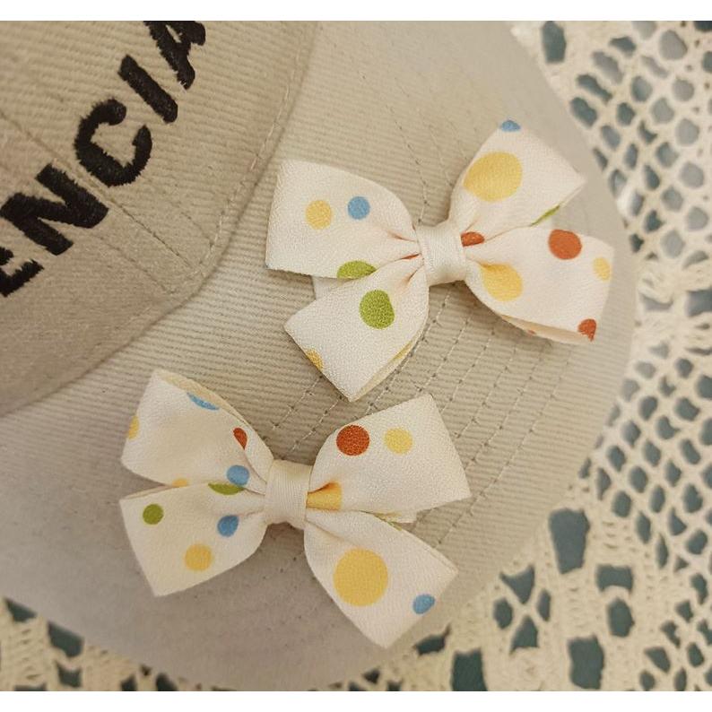 髮夾 髮飾 劉海夾 蝴蝶結 馬尾夾 蝴蝶結夾 💥手工製作 髮插 髮簪 小橙子🍊韓式甜美可愛米黃色彩色波點圓點小蝴蝶結對夾-細節圖3