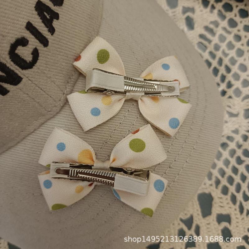 髮夾 髮飾 劉海夾 蝴蝶結 馬尾夾 蝴蝶結夾 💥手工製作 髮插 髮簪 小橙子🍊韓式甜美可愛米黃色彩色波點圓點小蝴蝶結對夾-細節圖4