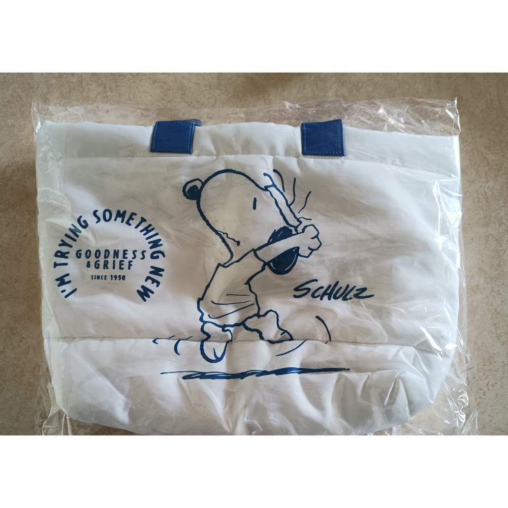 全新Snoopy史努比輕量型正背面白底藍圖開口有拉鍊托特包一個-細節圖2